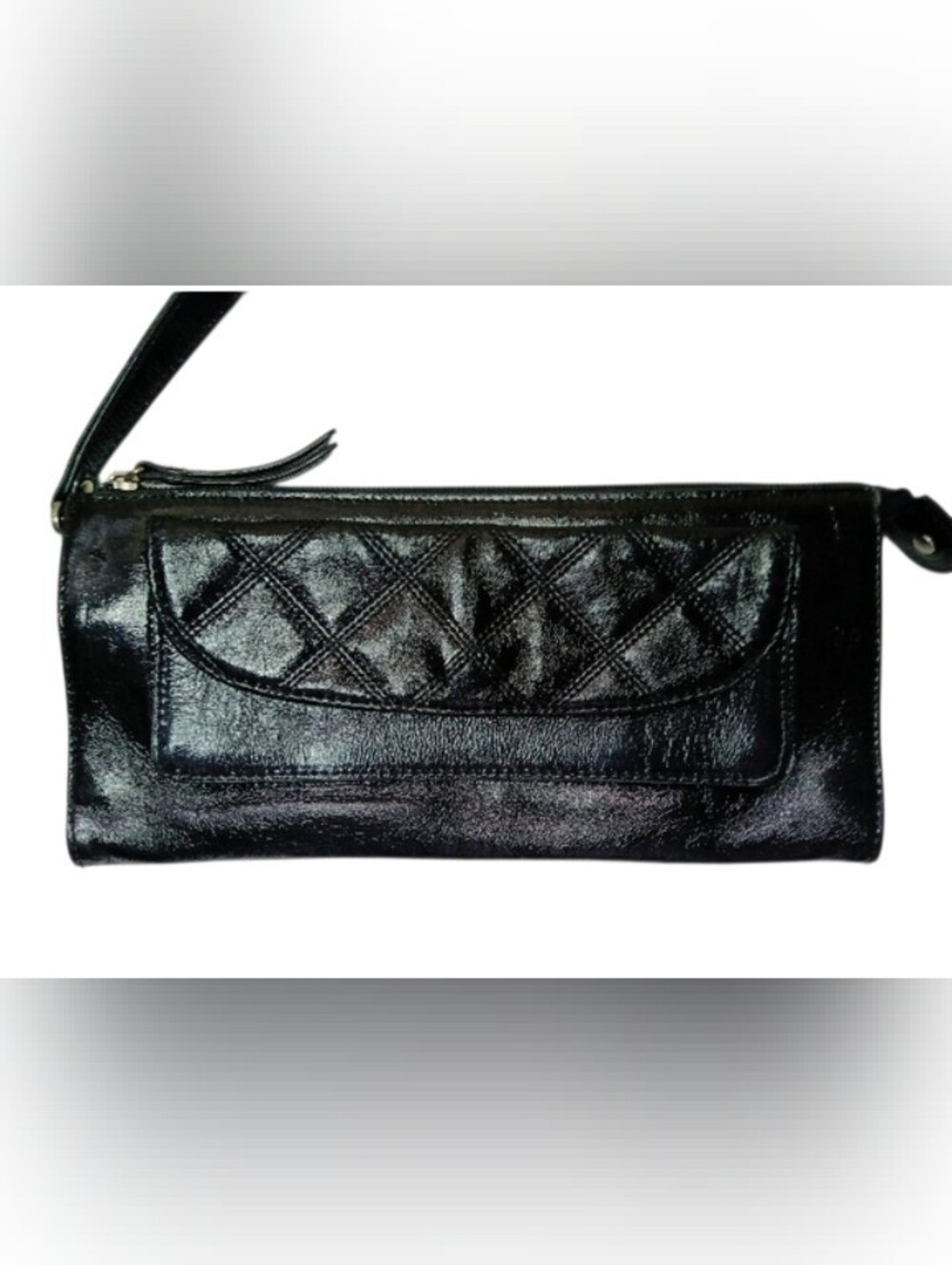 Talbots Black Patent-Leather Clutch Wristlet Outer Pocket Inner Card Slots EUC